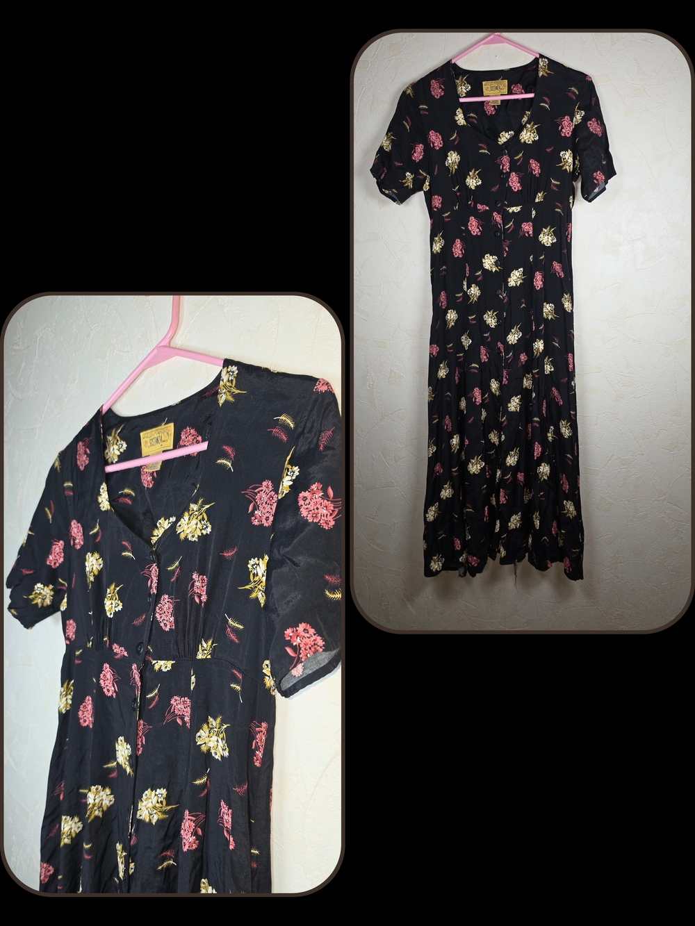 Vtg Sostanza Black Floral Button Front Short Sleeve Maxi Dress 90s grunge Small